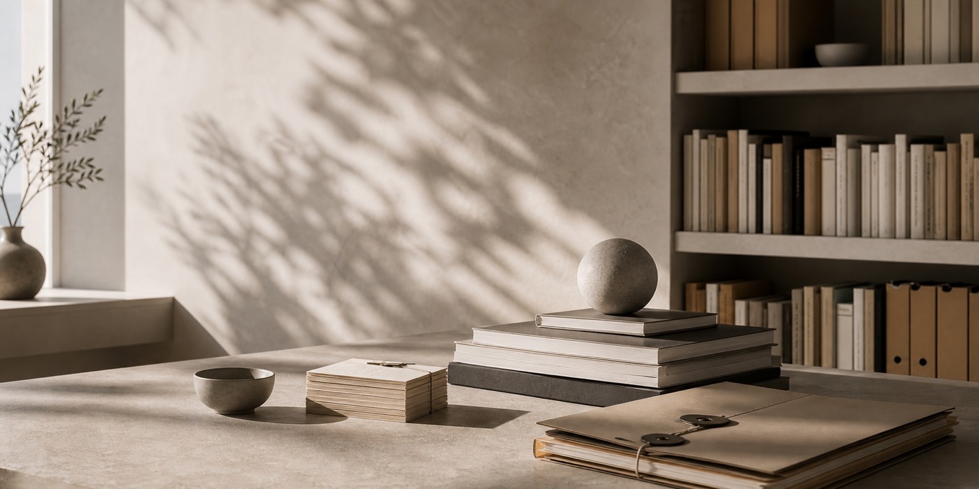 Classical texts, stones, and archival concept visual